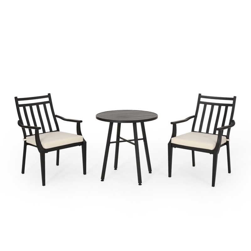 3 Piece Metal Bistro Set With 2 Curved Armrest Chairs – Black