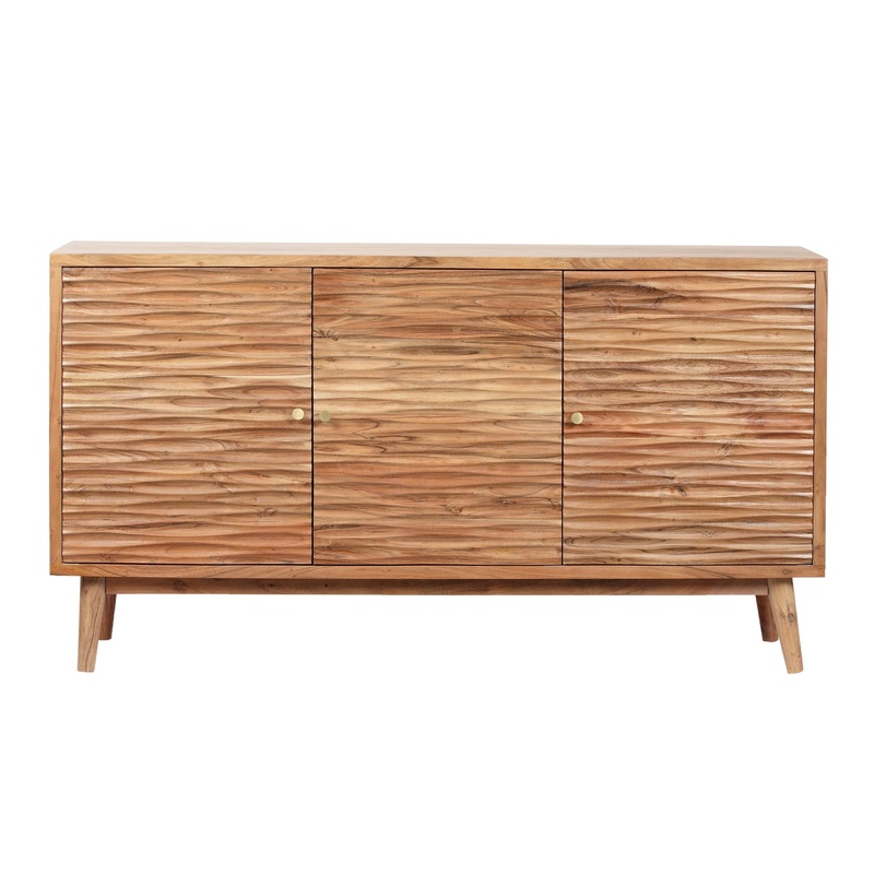 Boho Handcrafted 3 Door Sideboard, Carved Texture & Artisanal Charm – Natural
