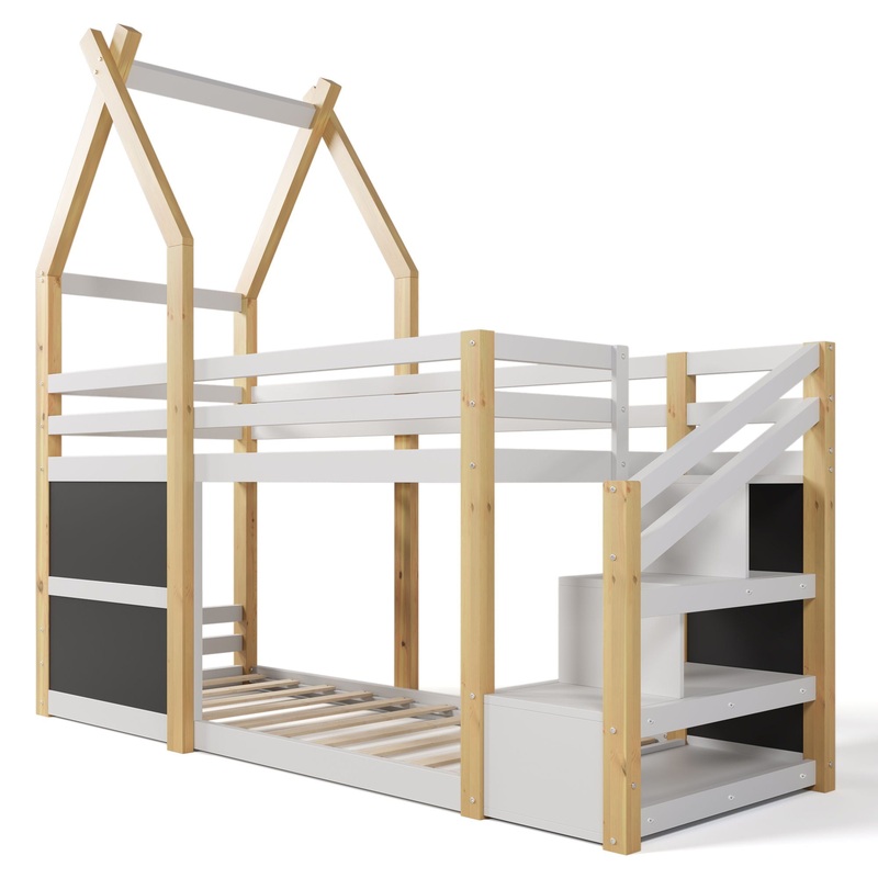 Twin Over Twin House Bunk Bed With White Storage Staircase And 2 Blackboards – White / Natural