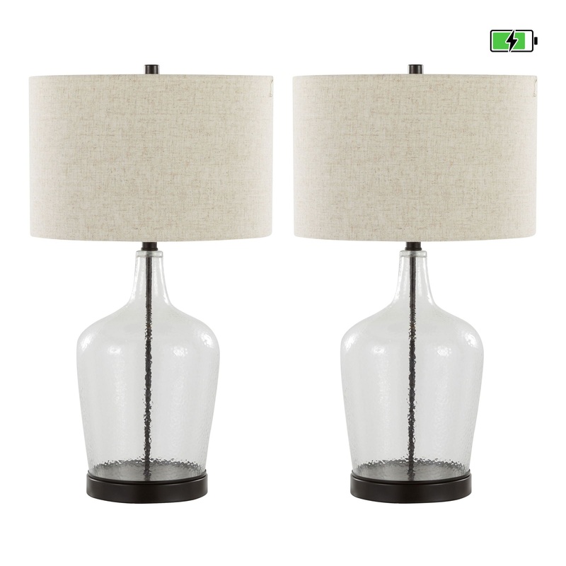 Botella – Contemporary Table Lamp Built In USB Port (Set of 2) – Clear / Oil Bronze / Natural