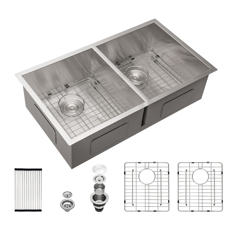 Undermount Double Bowl Kitchen Sink 16 Gauge With 9″ Deep Basin – Brushed Nickel