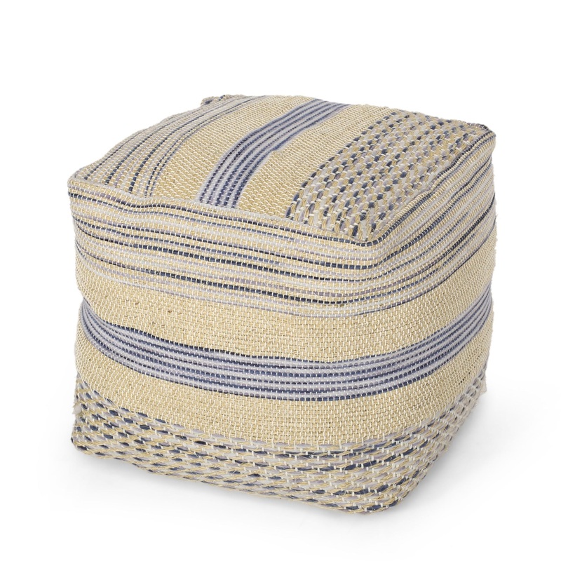 Western – Handcrafted Fabric Pouf, Durable – Natural / Blue