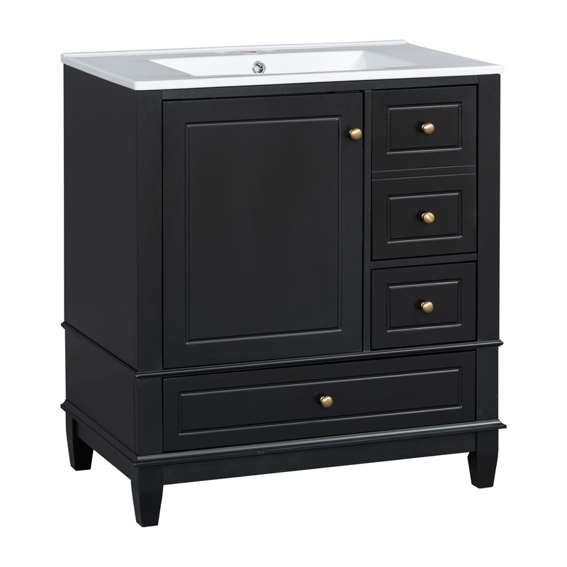 30″ Bathroom Vanity With Sink, 1 Door With Shelf And 3 Drawers, Soft Close Door – Black