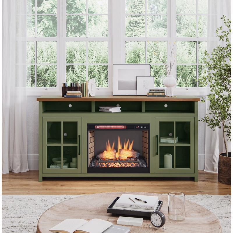 Vineyard – 74″ Fireplace TV Stand Console For TVs Up To 85″ – Sage Green And Fruitwood