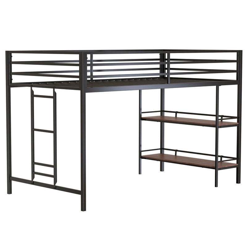 Adam – Junior Twin Loft Bunk Bed With Cinnamon Wood Shelf – Black
