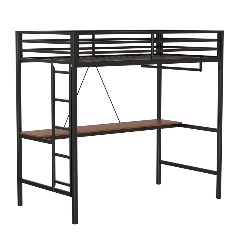 Adam – Twin Loft Bunk Bed With Cinnamon Wood Desk And Closet Rod – Black