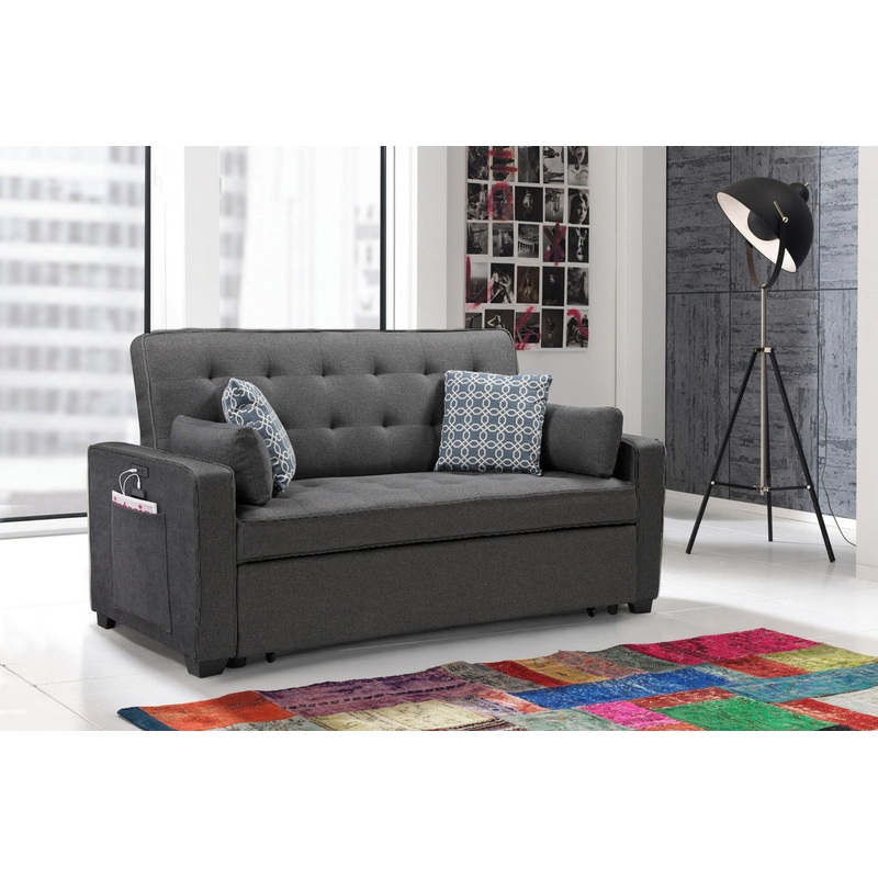 William – Modern Fabric Sleeper Sofa With 2 USB Charging Ports And 4 Accent Pillows – Gray
