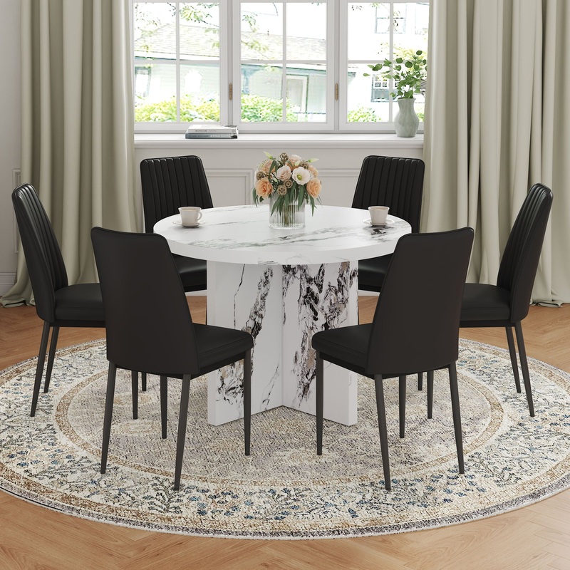 7 Piece Round Dining Table Set, Modern Round Table And 6 Upholstered Chairs For Dining Room, Kitchen Room, Living Room – White / Black
