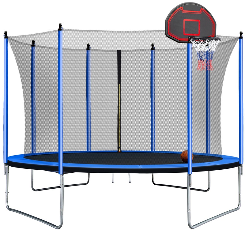 10Ft Trampoline With Basketball Hoop Inflator And Ladder (Inner Safety Enclosure) – Blue