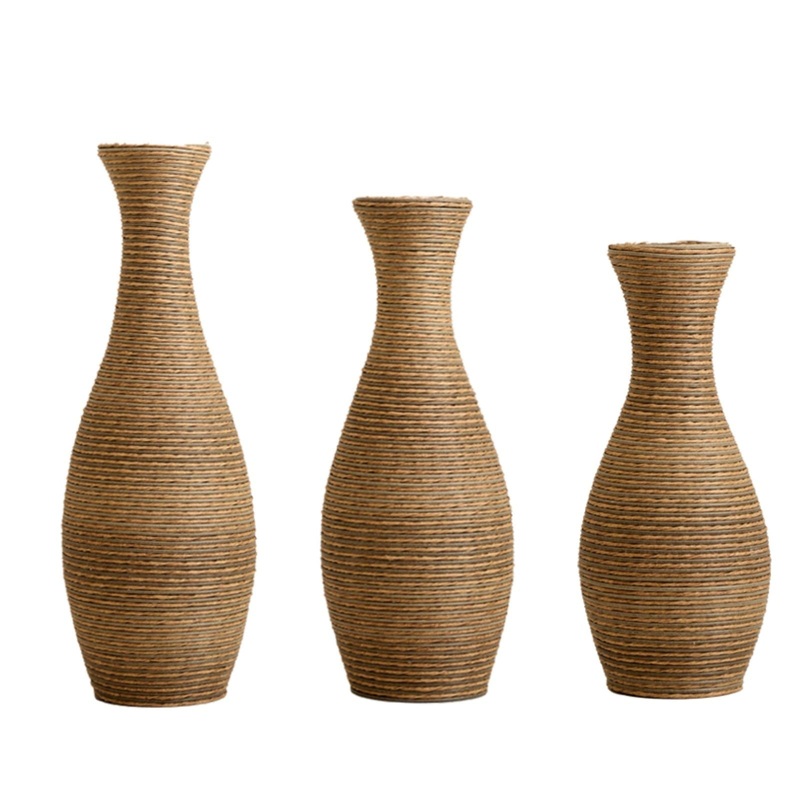 3 Piece Artificial Rattan Floor Vase Set Decorative Accent For Living Room, Hallway & Entryway, Ideal For Dried Or Silk Flower Arrangements – Beige