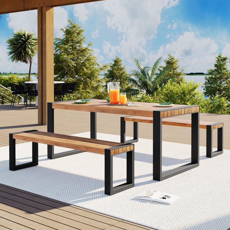 3 Pieces Outdoor Dining Table With 2 Benches, Patio Dining Set With Unique Top Texture, Acacia Wood Top & Steel Frame, All Weather Use, For Outdoor & Indoor – Natural