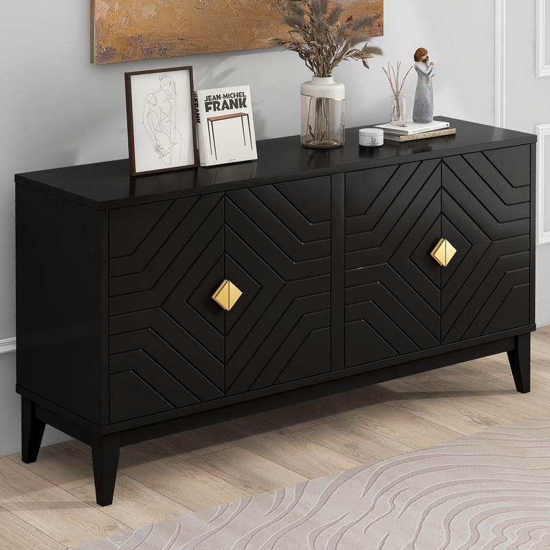 4 Door Sideboard Storage Cabinet For Living Room And Dining Room, 2 Large Cabinets With Gold Handles And Adjustable Shelf – Black