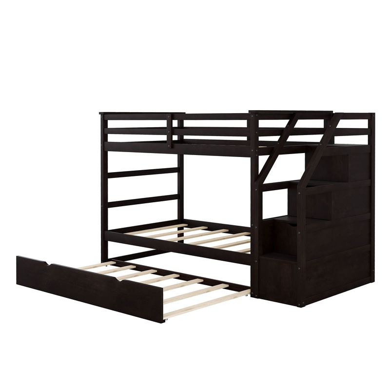 Twin Over Twin Bunk Bed With Twin Size Trundle And 3 Storage Stairs – Espresso