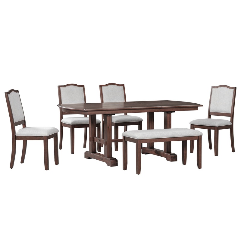 6 Piece Extendable Dining Table Set, Wood Table With Removable Leaf, 4 Upholstered Chairs And Bench – Cherry