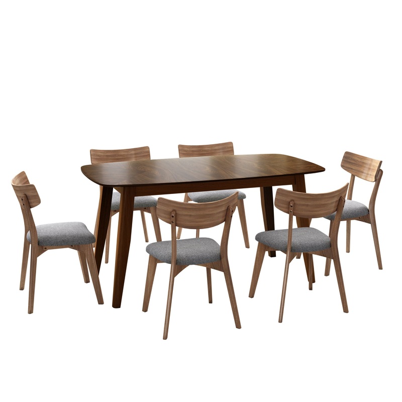 7 Piece Mid – Century Dining Set With Upholstered Dining Chairs, Dining Table