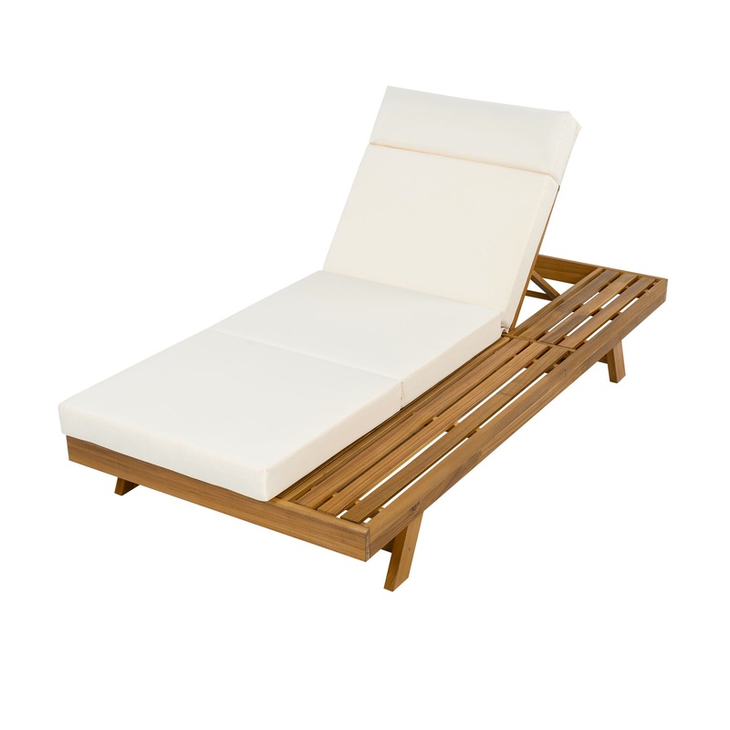 Acacia Wood Lounge Chaise Set With Headrest And Water Resistant Cushions – Beige