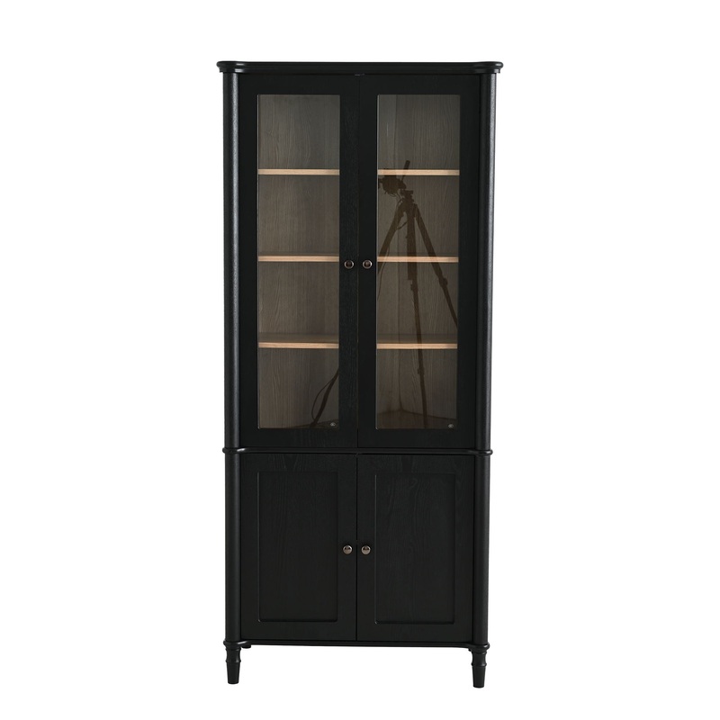 Vintage Display Cabinet With Double Glass Doors, Traditional Style For Collectibles, Ash Wood Veneer, 73.25″ Tall – Black / Natural
