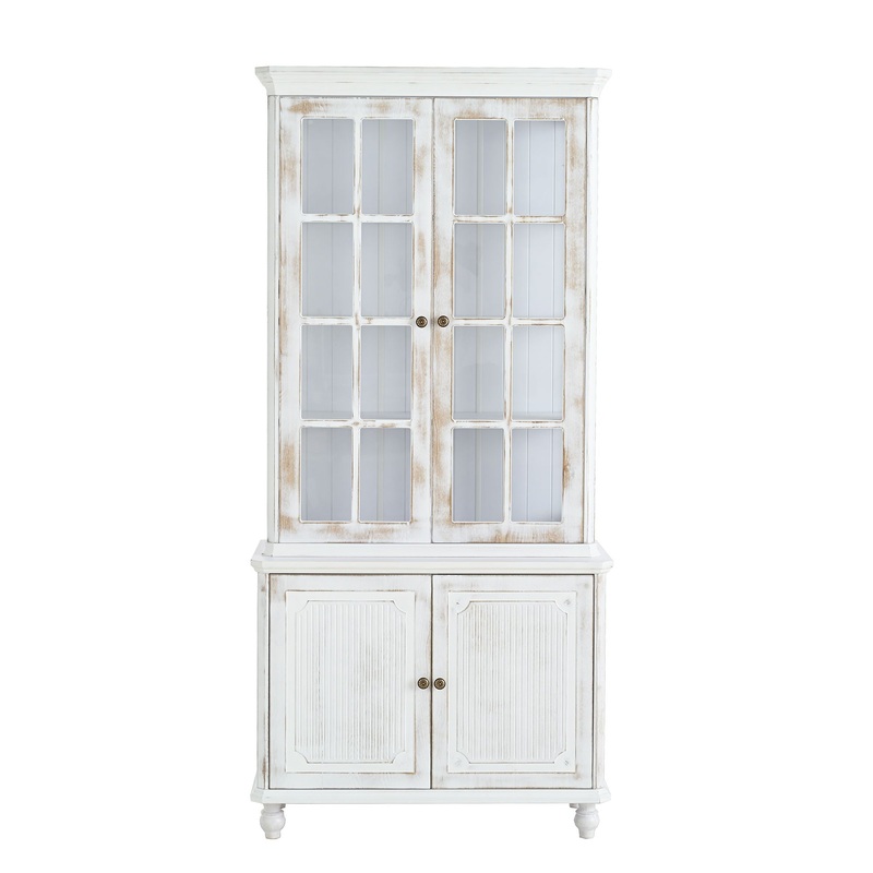 Vintage Display Cabinet With Double Glass Doors, Traditional Style Hutch For Home Or Workspace Washed – White Washed