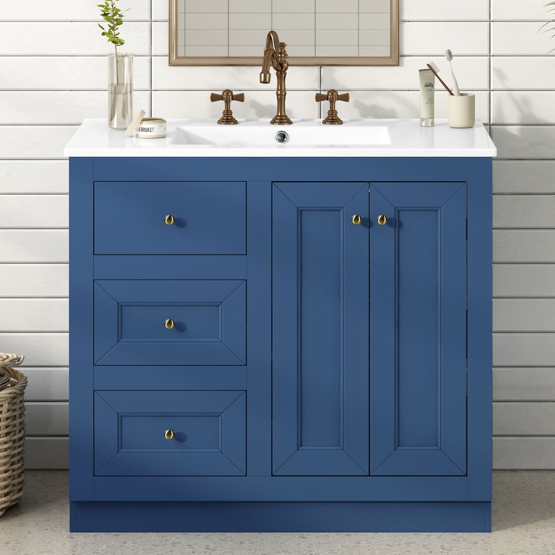 Bathroom Vanity With Ceramic Sink, Bathroom Storage Cabinet With 2 Drawers & Shelf, Freestanding Bathroom Cabinet – Blue