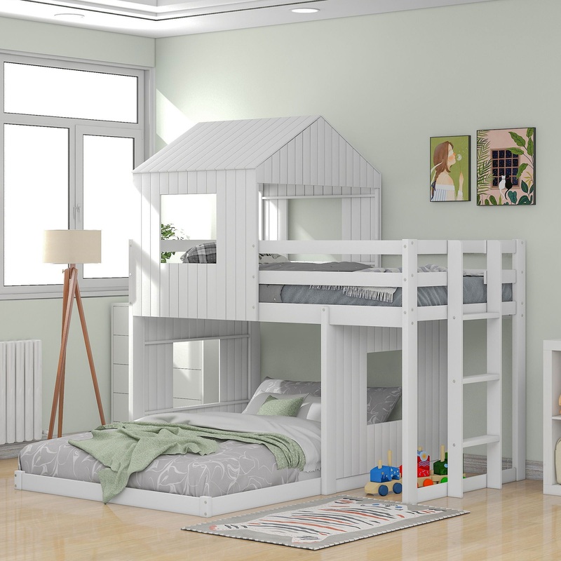 Twin Over Full Bunk Bed, With Playhouse, Farmhouse, Ladder And Guardrails – White