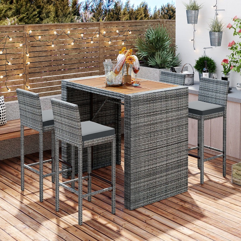 5 Pieces Outdoor Patio Wicker Bar Set, Bar Height Chairs With Non-Slip Feet And Fixed Rope, Removable Cushion, Acacia Wood Table Top – Brown / Gray