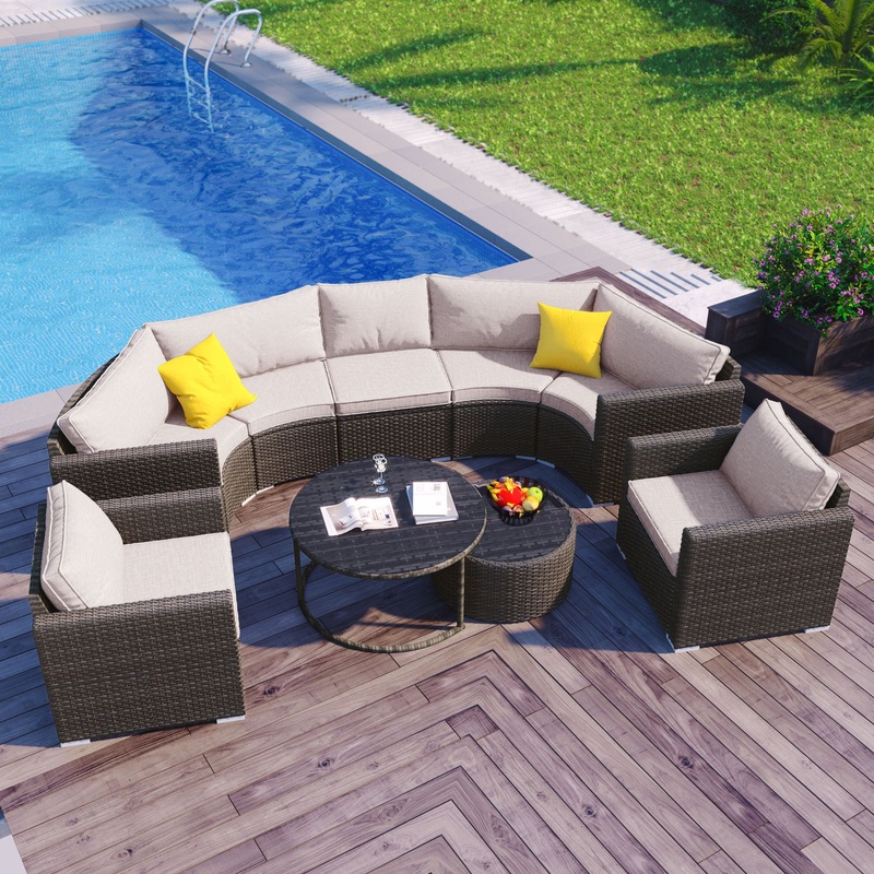 9 Pieces Outdoor Half-Moon Patio Sofa Set, Round Sofa Set, Modern Style Sofa – Brown / Beige