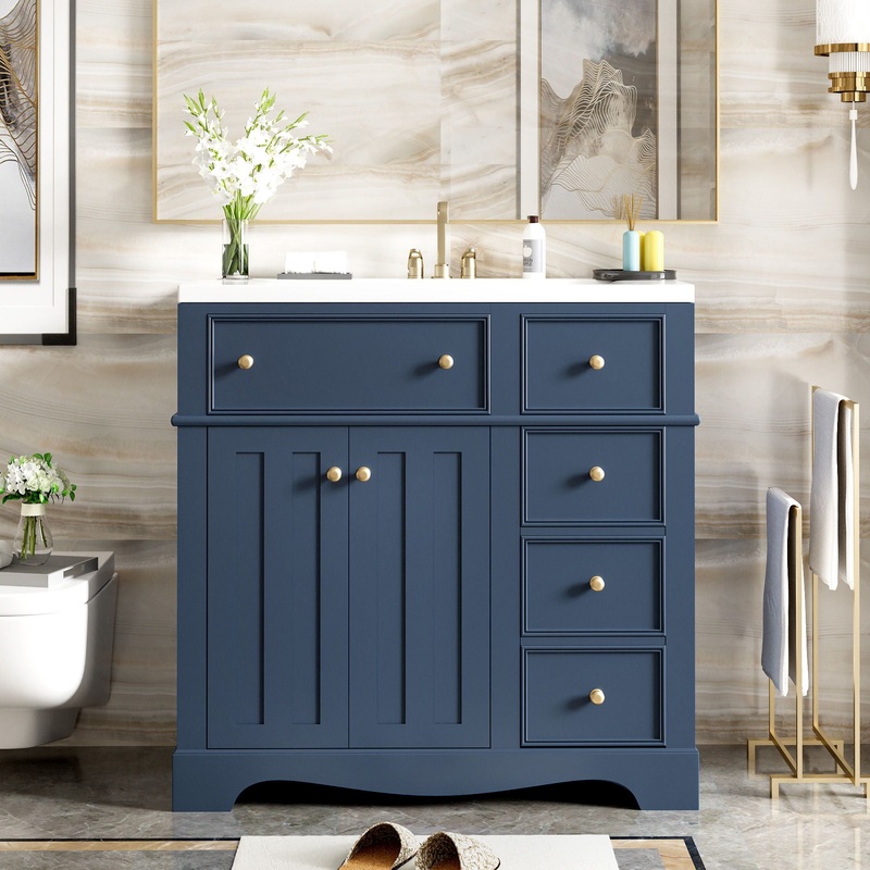 Bathroom Vanity With Resin Sink Combo, Frame Bathroom Storage Cabinet, Freestanding Vanity Set With 3 Drawers & Adjustable Shelf – Blue