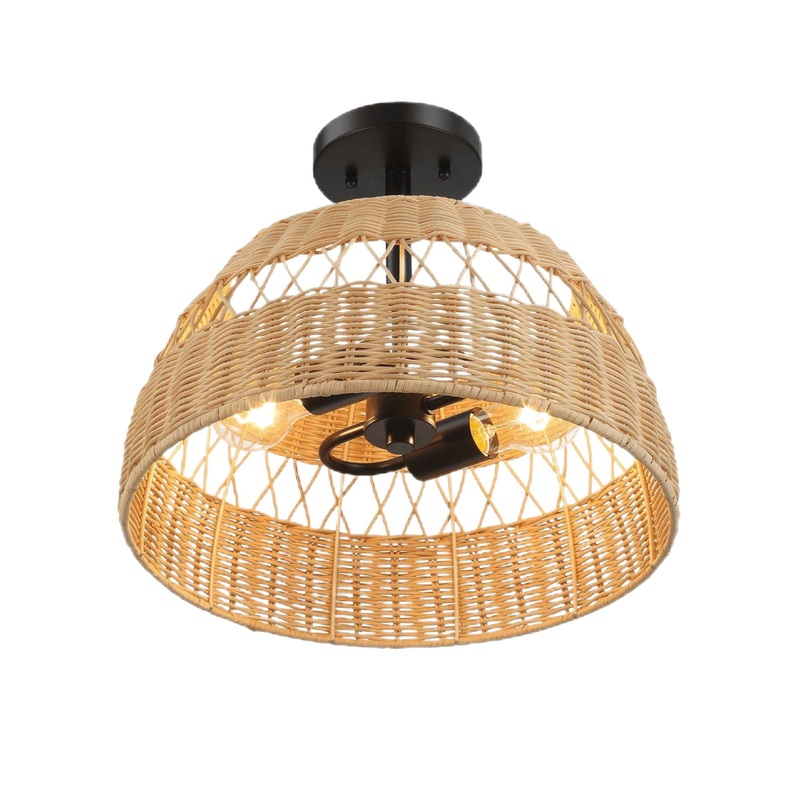 Twinkle – Double Lights Semi Flush With Shade – Black / Rattan