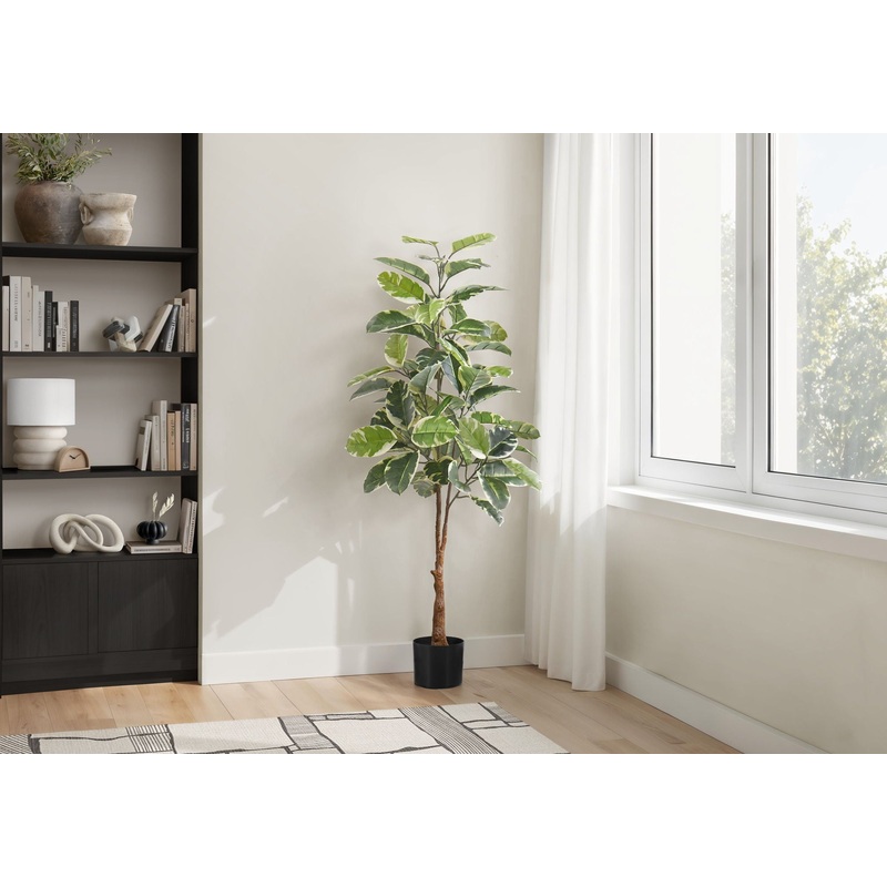 52″ Tall, Artificial Plant, Rubber Tree, Indoor, Fake, Floor, Greenery, Potted, Real Touch, Decorative – Green / Black