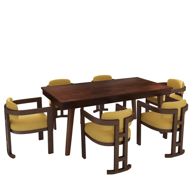7 Piece Elegant Dining Set With Upholstered Wood Dining Chairs – Yellow / Walnut / Rich Mahogany