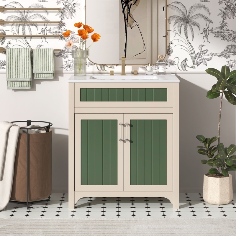 Bathroom Vanity Cabinet With Ceramic Sink Combo Set, Frame Modern Bathroom Storage Cabinet With Height Adjustable Shelf – Beige / Green