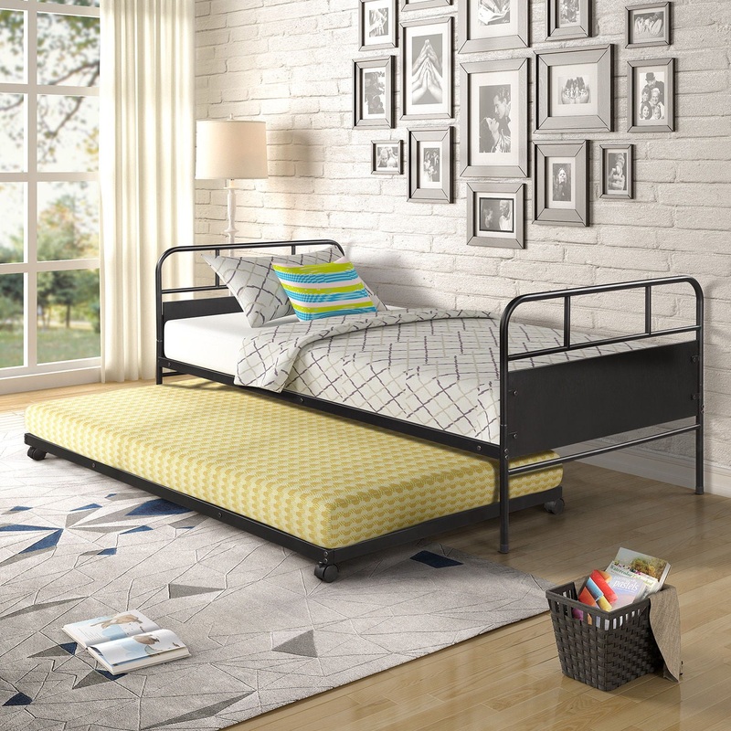 Twin Size Daybed Platform Bed Frame With Trundle Built In Casters – Black