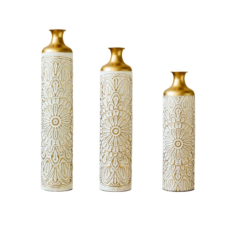3 Piece Home Decoration Large Glazed Floor Vase Decoration Home Droplet Shaped – Gold / White