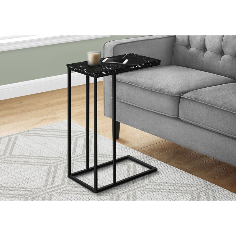 Accent Table, C – Shaped, Marble Look Modern Design – Black
