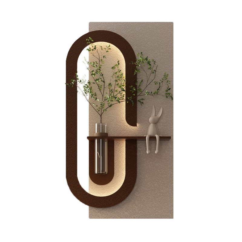 Adjustable LED Sandstone Wall Decor With Simulated Plants 3D Art Sculpture, Glass Vase & Rabbit Statue, Remote Control – Light Coffee