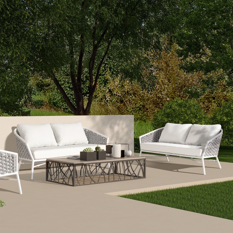 Rowan – Rope Barrel Back Patio Conversation Loveseat Sofa – Optic White