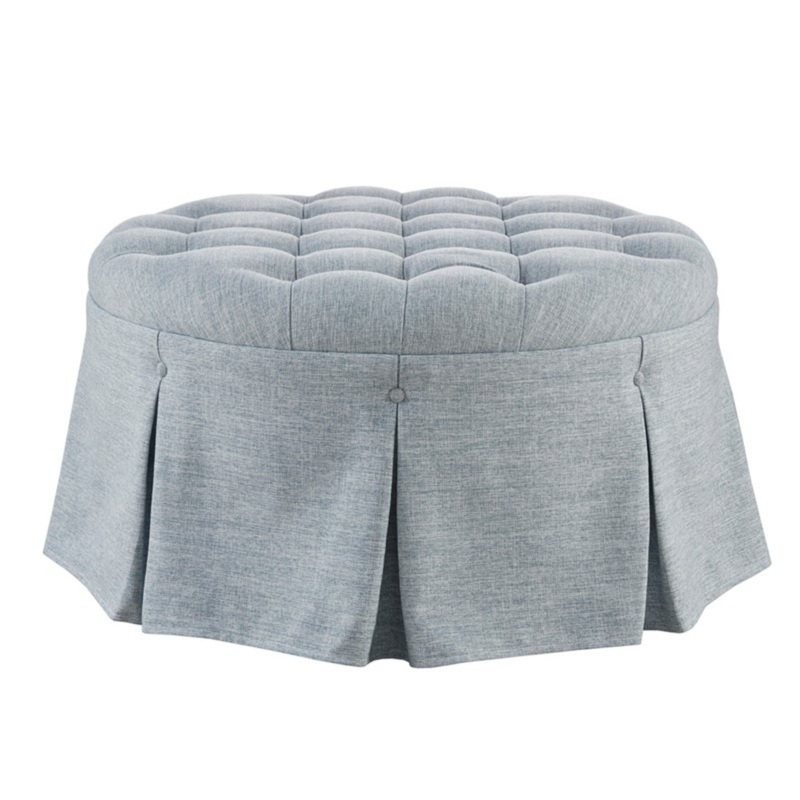 Skirted Tufted Round Ottoman With Button Top – Gray