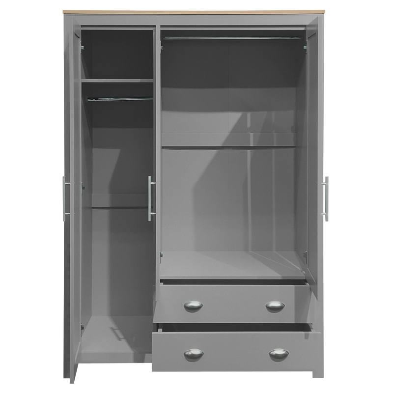 3 Door Storage Wardrobe With Cabinets And 2 Hanging Rods – Gray