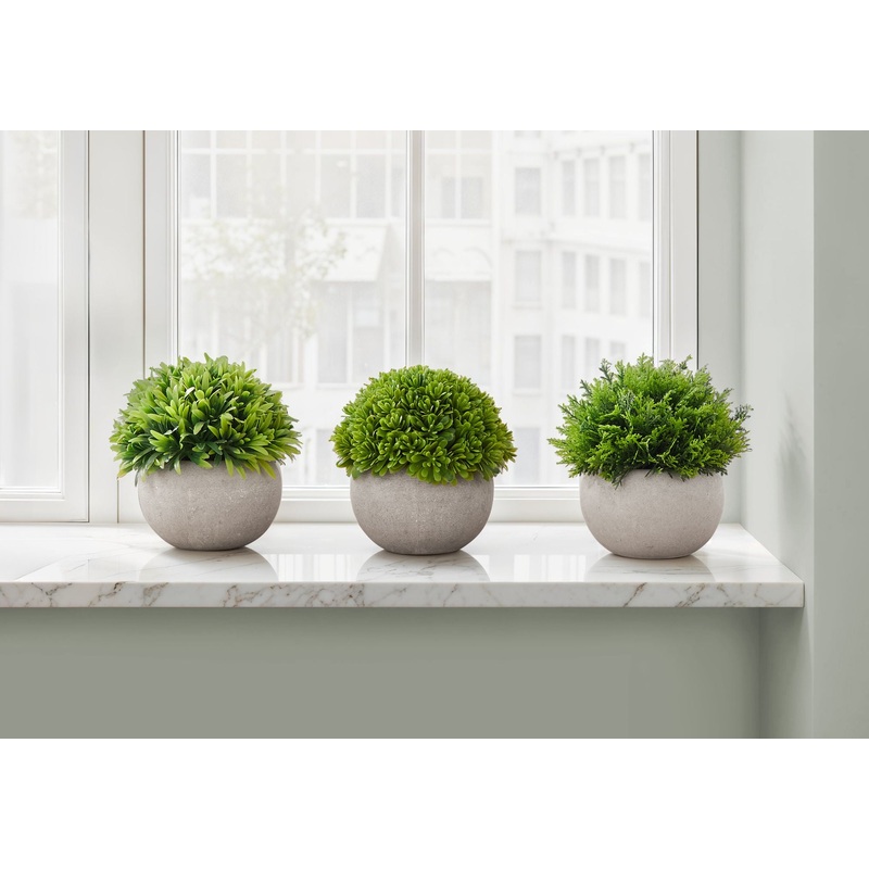 5″ Tall, Artificial Plant, Grass, Indoor, Faux, Fake, Table, Greenery, Potted, Decorative (Set of 3) – Green / Gray