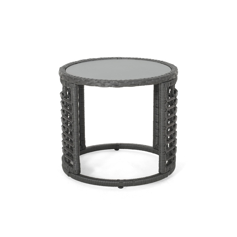 Achill – Outdoor Modern Boho Wicker Side Table With Glass Top – Gray