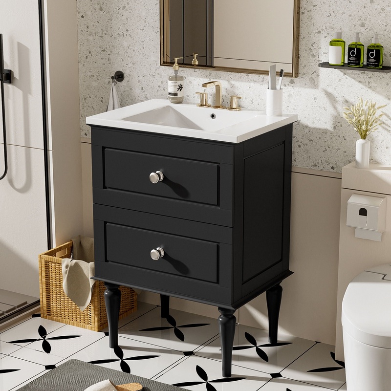 Bathroom Vanity Cabinet With Ceramic Sink Combo Set, Frame Modern Bathroom Storage Cabinet With 2 Drawers – Black
