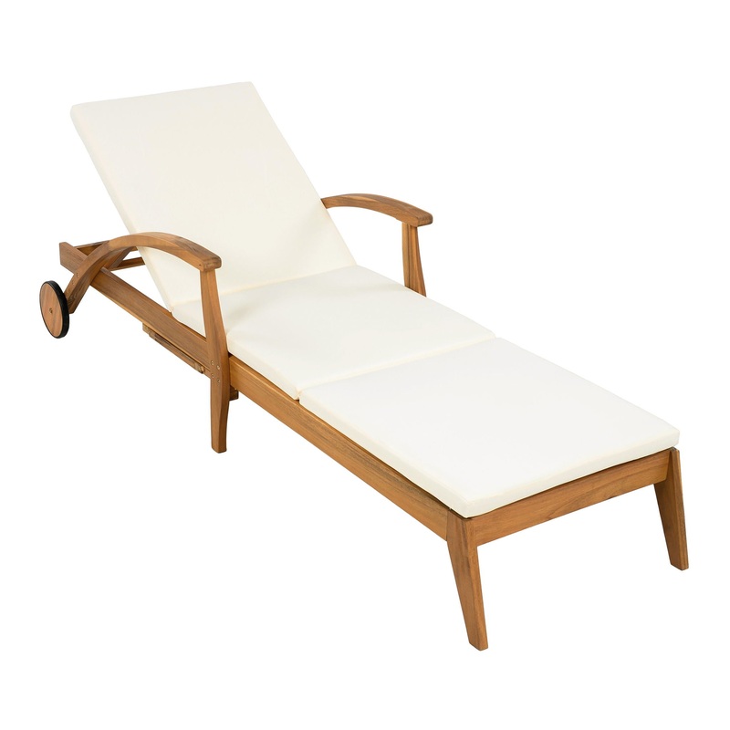 Versatile Chaise Lounge With Wheels Acacia Wood Recliner For Patio – Cream