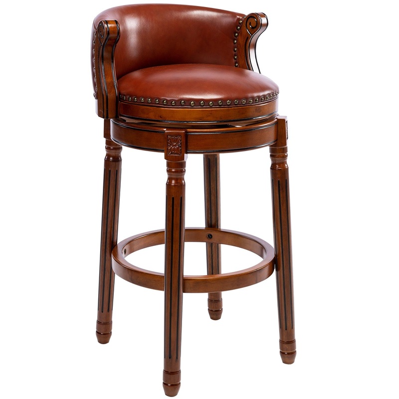 29.5” Cow Top Leather Wooden Bar Stool, 360 Degree Swivel Bar Height Chair With Backs For Home Kitchen Counter
