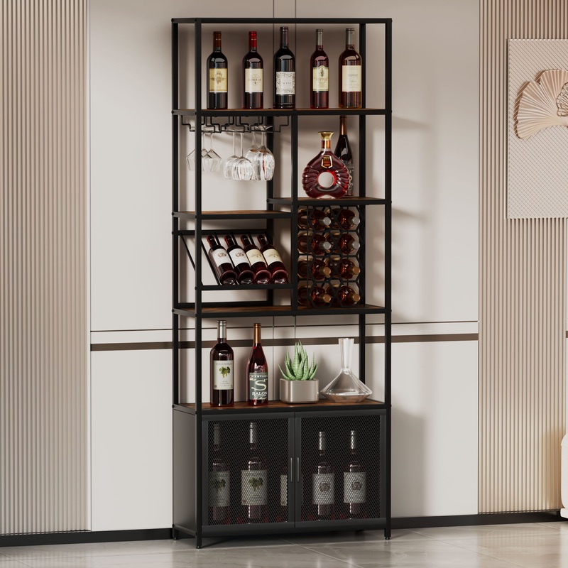 82.7″ Industrial Standing Wine Rack With Glass Rack Tall Freestanding Floor Bar Cabinet – Walnut / Black