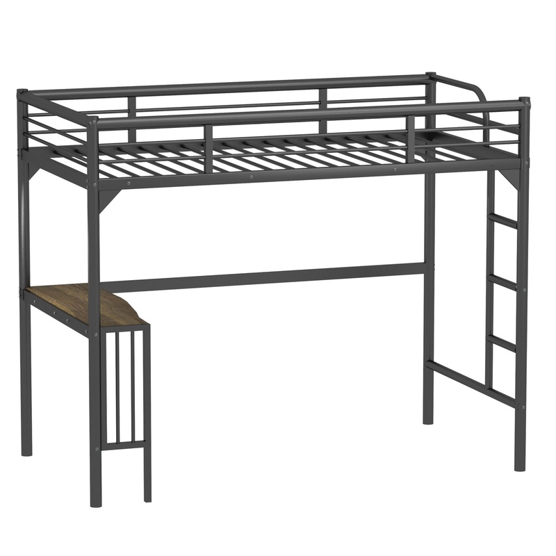 Twin Metal Loft Bed With Desk, Ladder And Guardrails, Bookdesk Under Bed – Black