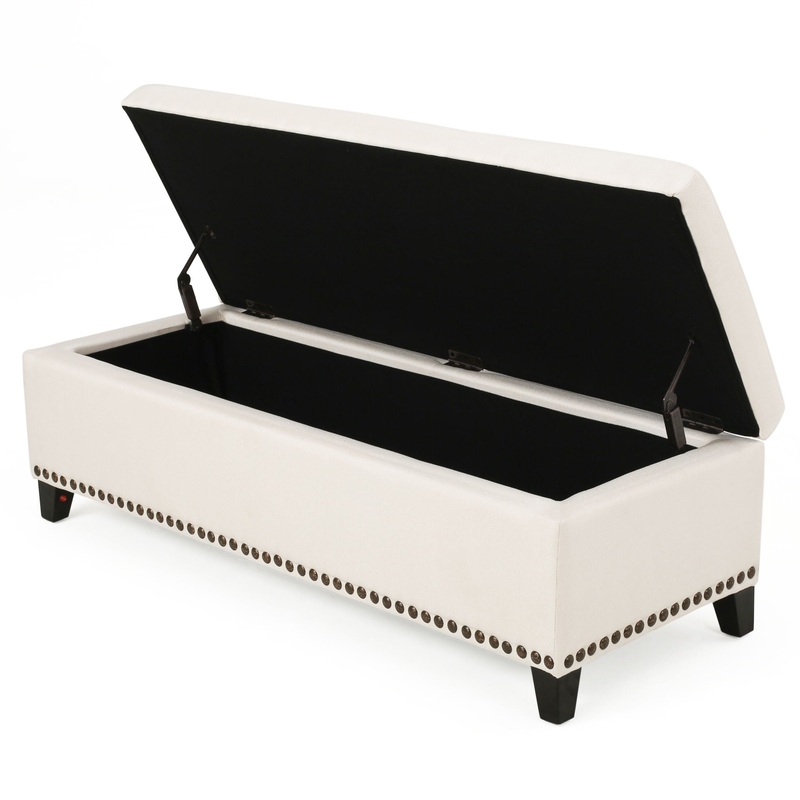 Upholstered Storage Ottoman With Nailhead Trim – Beige