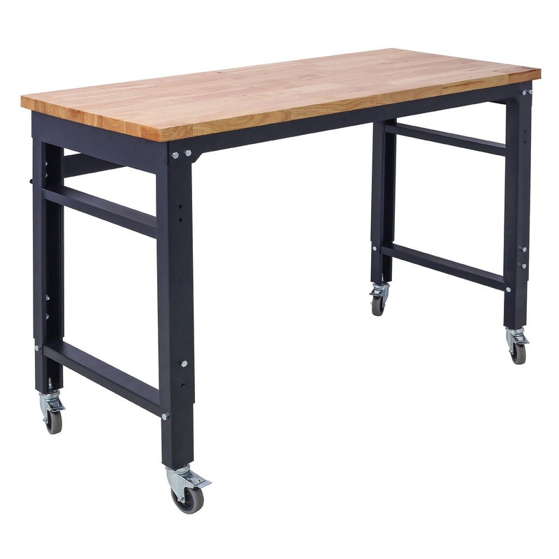 Wide Rolling Workbench For Garage, Adjustable Height, Workshop Tool Bench, Metal With Rubber Wood Top
