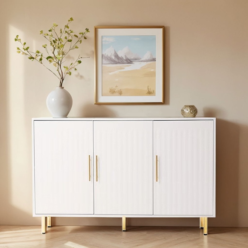 3 Door Large Storage Sideboard With Handles For Kitchen, Dining Room And Living Room, Accent Buffet Cabinet, Coffee Bar Sideboard Cabinet With 3 Doors – White / Gold