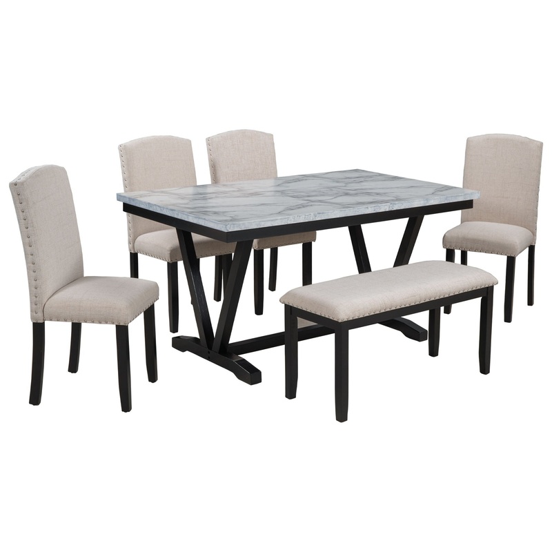 6 Piece Dining Table Modern Style With 4 Chairs & 1 Bench, Table With Marbled Veneers Tabletop And V-Shaped Table Legs – White