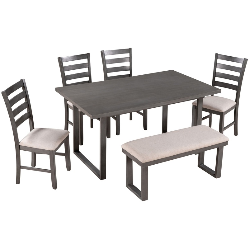 6 Pieces Family Furniture, Solid Wood Dining Room Set With Rectangular Table & 4 Chairs With Bench – Gray